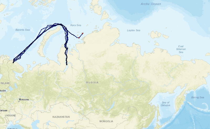 AIS tracks of Shturman Skuratov over the past several months. The vessel is now beginning its journey east through the Kara Sea toward Asia. (Source: GoRadar)

