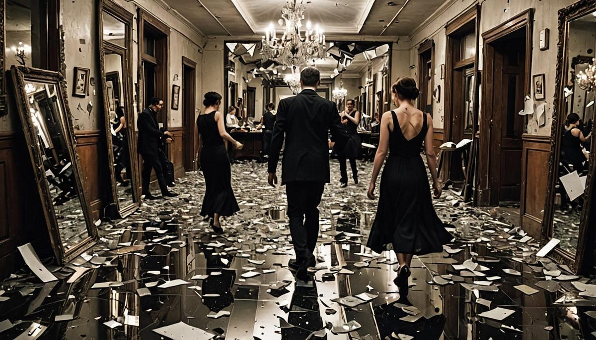 People walking in a hall full of broken glass