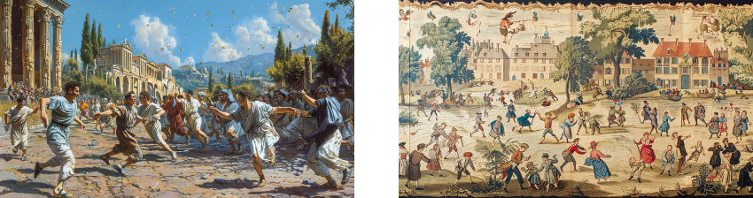 A side-by-side depiction of historical leisure activities: on the left, an energetic ancient Greek scene with men in tunics and a dog running amidst classical architecture, birds fluttering overhead; on the right, a serene 17th or 18th-century European tableau with elegantly dressed figures playing games, conversing, and horseback riding before stately homes, evoking a sense of genteel pastime.
