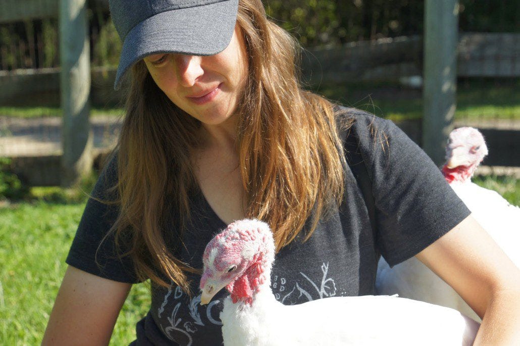 Chelsea holds a friendly juvenile turkey.