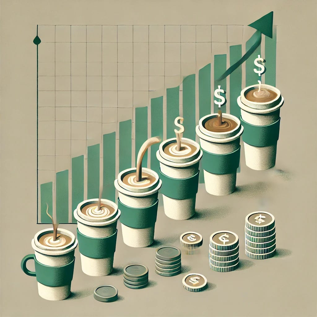 A minimalist illustration focusing on the concept of the 'latte factor' and small expenses adding up. The image shows a line of small coffee cups gradually transforming into a larger stack of coins, symbolizing how daily small expenses can accumulate into significant savings over time. The design is clean and simple, with soft tones like muted greens, browns, and grays. Include a small arrow or chart in the background subtly indicating growth, to represent how savings can grow when those expenses are redirected. The overall style should be calm and informative.