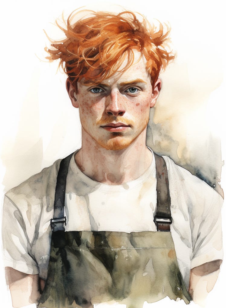 water color of a red-headed young man in a pub apron