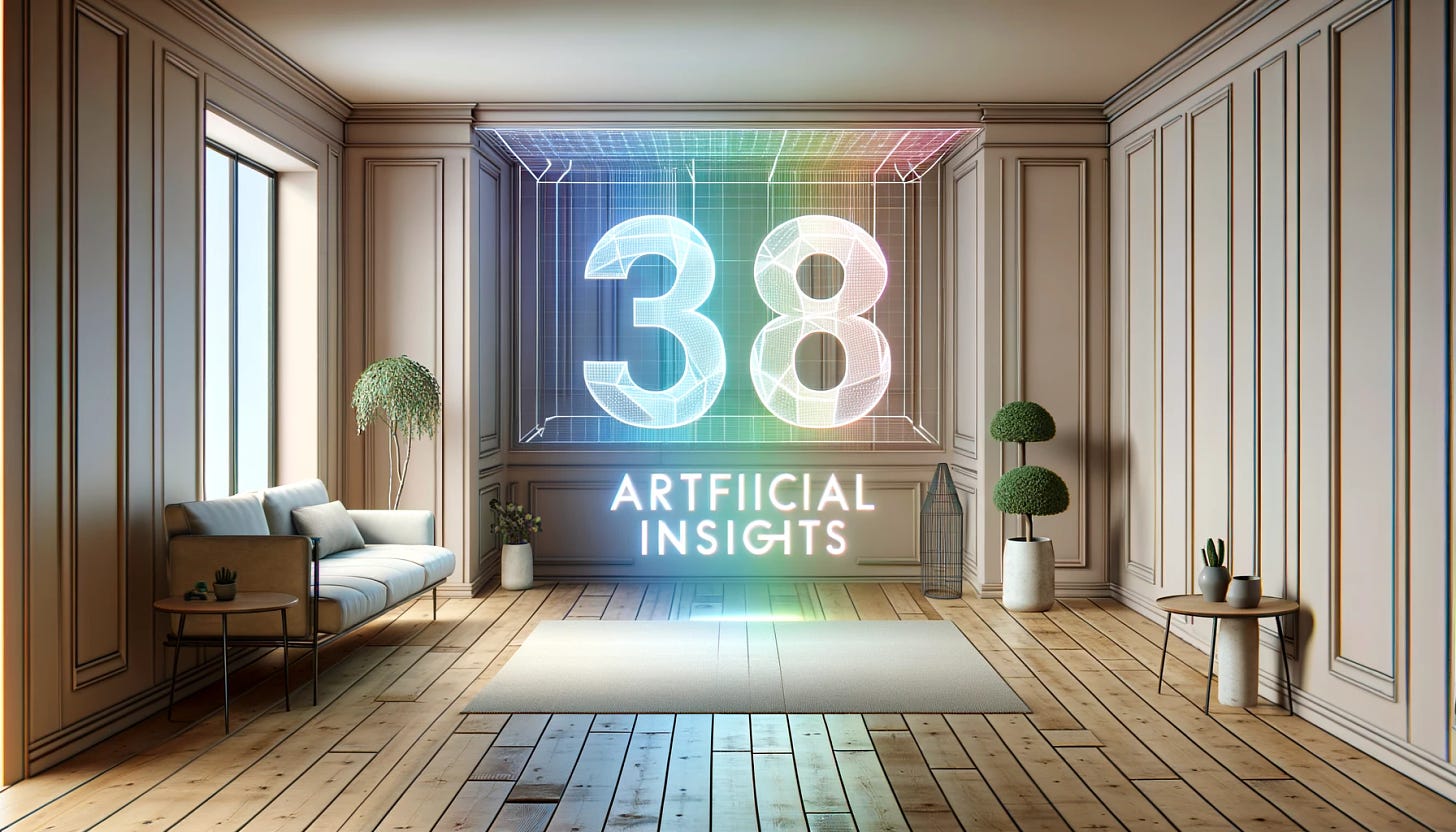 A minimalist, modern room that is brightly lit, viewed head-on without perspective distortion, designed with personal touches like decorative plants. In the center, a holographic display showcases the number '38' and the phrase 'artificial insights' below it. This text is designed to look three-dimensional, shimmering with a spectrum of colors to imply advanced, futuristic technology. The room seamlessly integrates this cutting-edge holography with its serene and sophisticated aesthetic, emphasizing a blend of personal style and high-tech innovation.