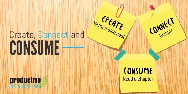 Every one of us needs to create, connect, and consume; but how do you make sure you're devoting enough attention to each? Learn how to balance your creativity and your priorities, and be more productive. | Create, Connect, and Consume: Balance Them To Get Your Best Work Done //productiveflourishing.com/create-connect-and-consume/