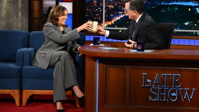 Kamala Harris Has A Beer With Stephen Colbert In 'Late Show' Appearance; VP  Says Donald Trump “Gets Played” By Dictators – Watch Clip