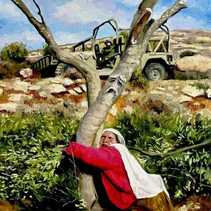 This may contain: a painting of a woman leaning against a tree with a truck in the back ground