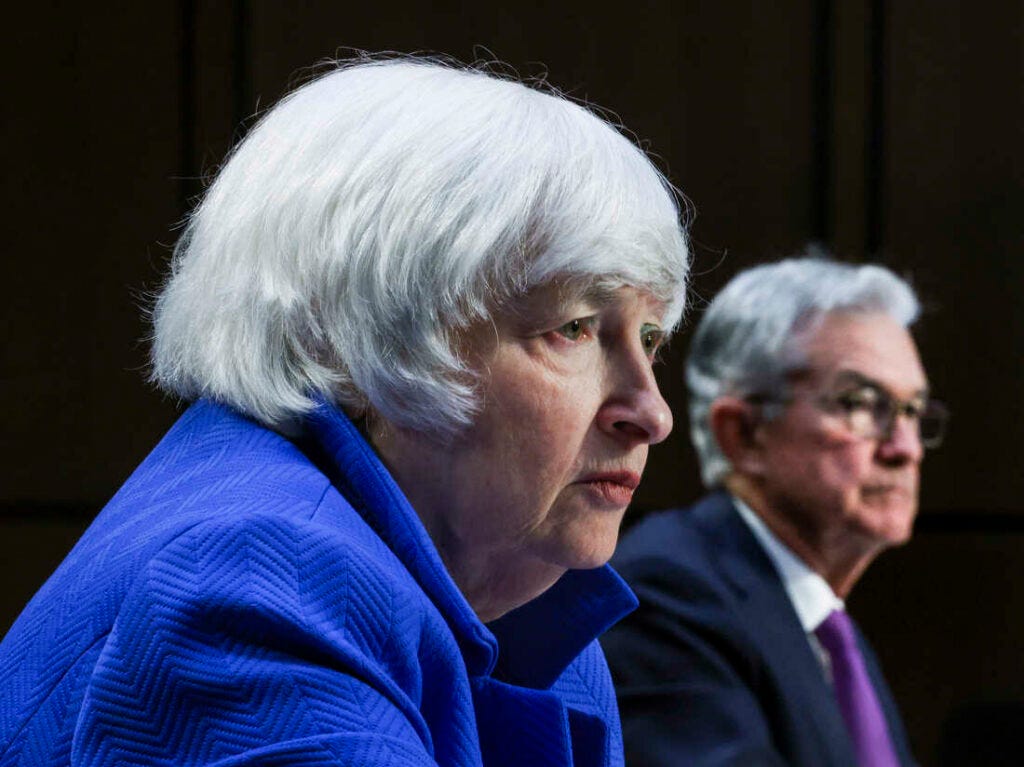 Treasury Secretary Janet Yellen and Federal Reserve Chairman Jerome Powell appear before the Senate Banking, Housing and Urban Affairs Committee on Tuesday. Kevin Dietsch/AP