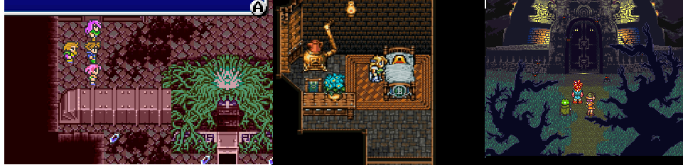 Screenshots of Final Fantasy 5, 6, and Chrono Trigger, showing the evolution of background art towards the cinematic