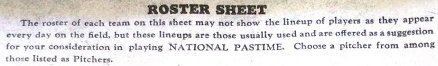 National Pastime Roster Sheet Caveat