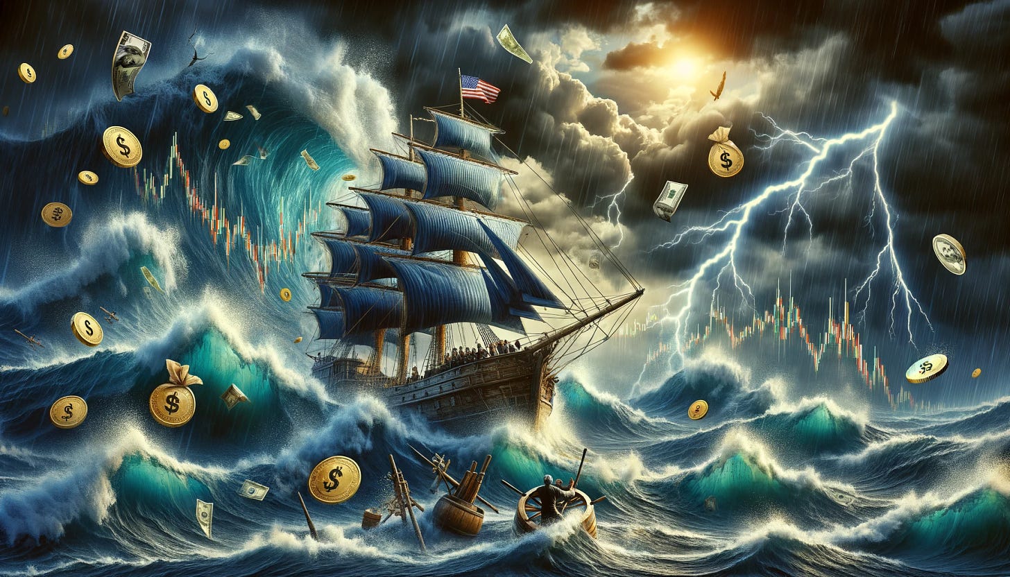 A vivid depiction of navigating stormy financial markets, enhancing the earlier scene with more explicit monetary elements. The large, old-fashioned wooden ship is now battling even more chaotic ocean waves under a dark, stormy sky. Additional lightning strikes add drama. This time, the waves are densely packed with an array of financial symbols, including oversized gold coins, paper money flying in the wind, and larger stock graphs. Crew members appear more anxious as they navigate these treacherous financial seas. The image maintains a wide, dramatic composition.