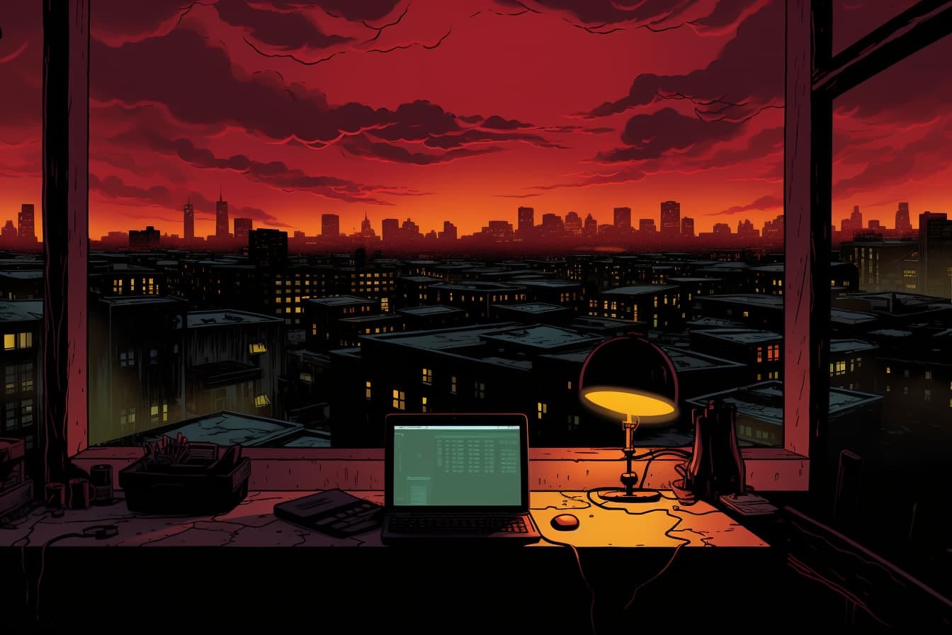 A desk with a laptop and lamp, looking over a city, with an angry red sky
