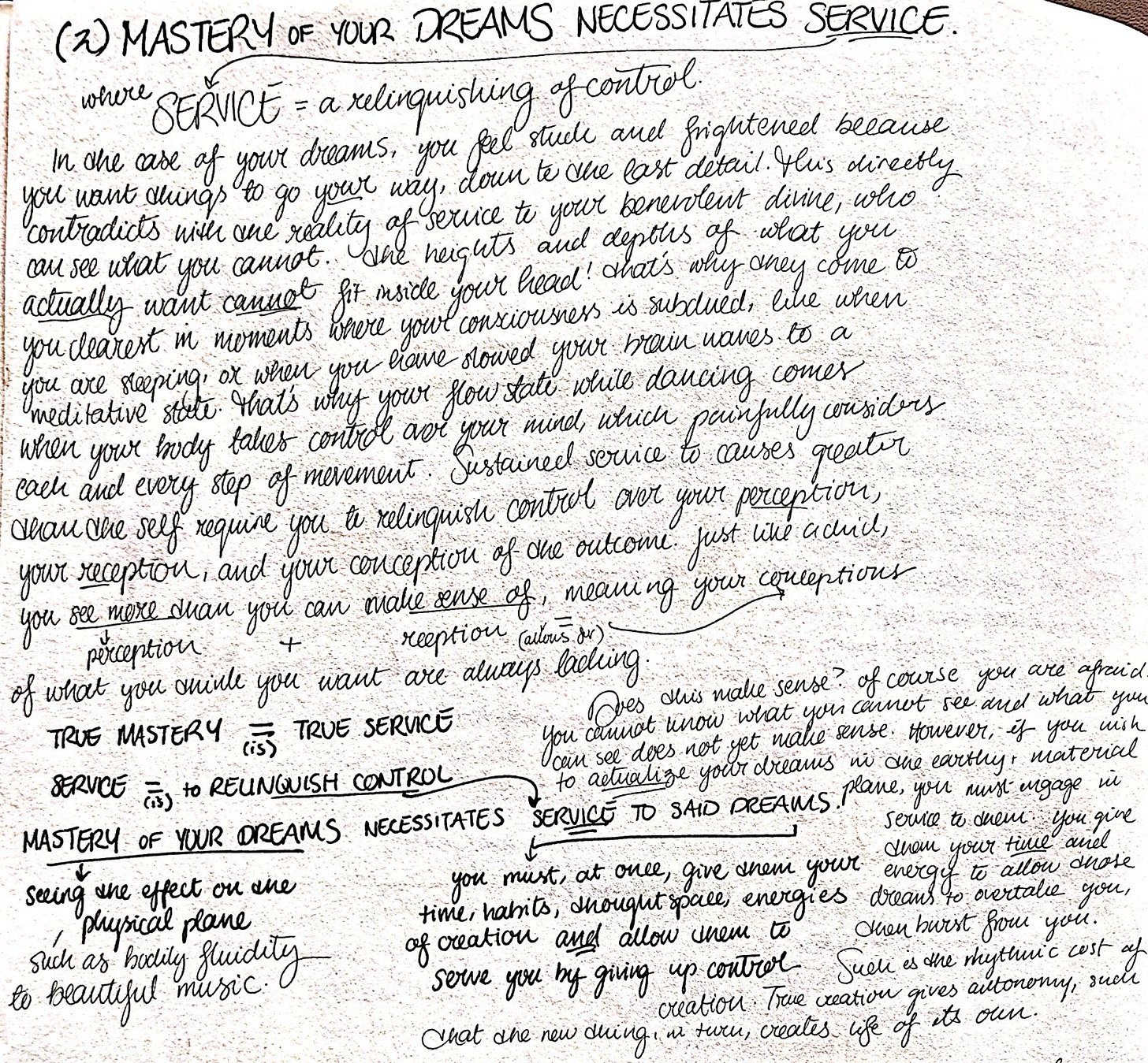 scanned page from ismatu’s notebook, with (2) MASTERY OF YOUR DREAMS NECESSITATES SERVICE in bold at the top of the page. the rest of the page has cursive writing in a black ink pen; the contents of which are transcribed below.