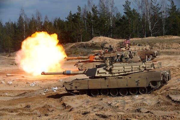 Abrams tanks at a military exercise in Adazi, Latvia, in 2021.