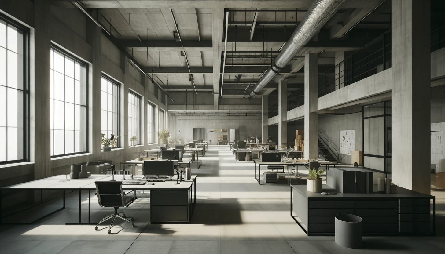 A brutalist architecture office with an open-plan layout. The office features exposed concrete walls and ceilings with visible beams and ducts. Large floor-to-ceiling windows let in natural light, illuminating the space. The furniture is minimalist, including metal desks, simple chairs, and modular shelving units. There are a few potted plants scattered throughout to add a touch of greenery. The color palette is dominated by grey tones, with occasional accents of black and white. The overall design is functional and austere, with a focus on clean lines and industrial materials.