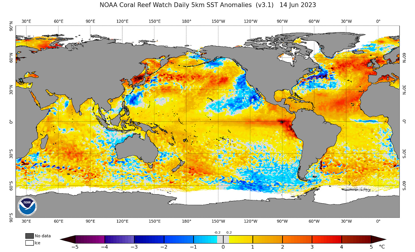 mapa de las temperaturas superficiales del océano a 14 de junio de 2023