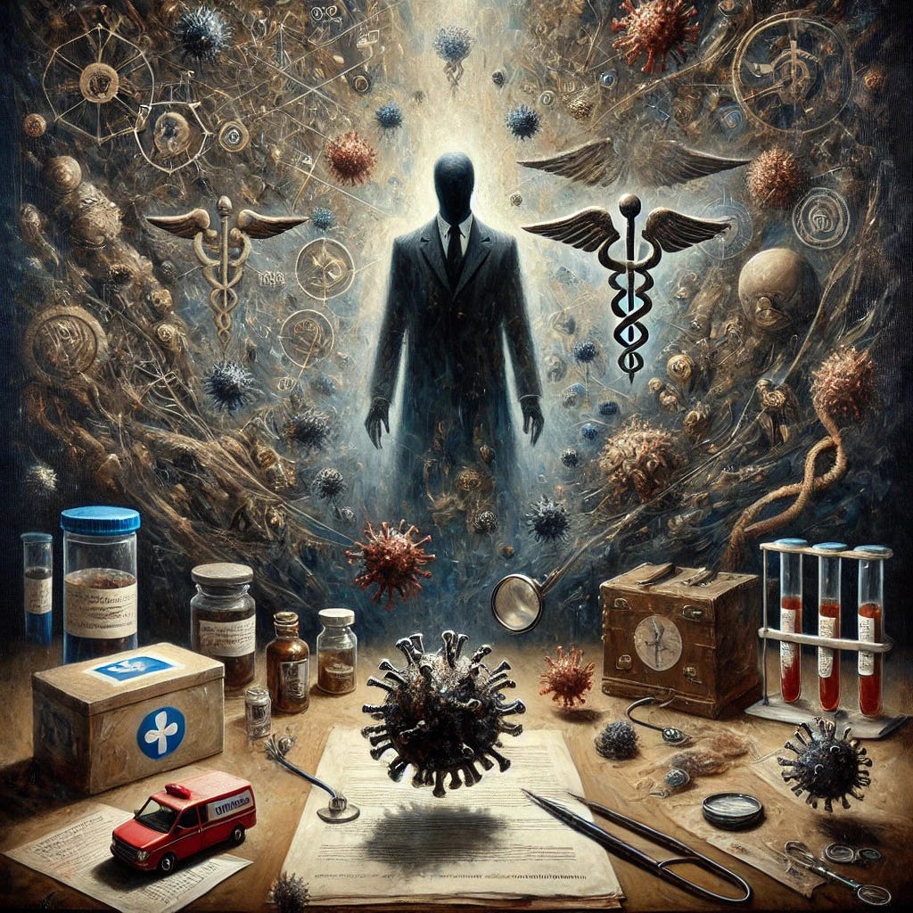 A masterful oil painting with dramatic composition, depicting a faceless bureaucratic figure looming over a chaotic scene of pandemic response. The foreground features intricate details of scattered medical documents, a stethoscope, and a model of a virus, all painted with rich texture and expressive strokes. The background is a dark, swirling amalgamation of interconnected symbols representing intelligence, military, and public health institutions, painted in a subtle and mysterious manner. The color palette consists of deep blues, muted grays, and earthy tones, evoking a sense of tension and complexity, with lighting that highlights the drama and depth of the scene.