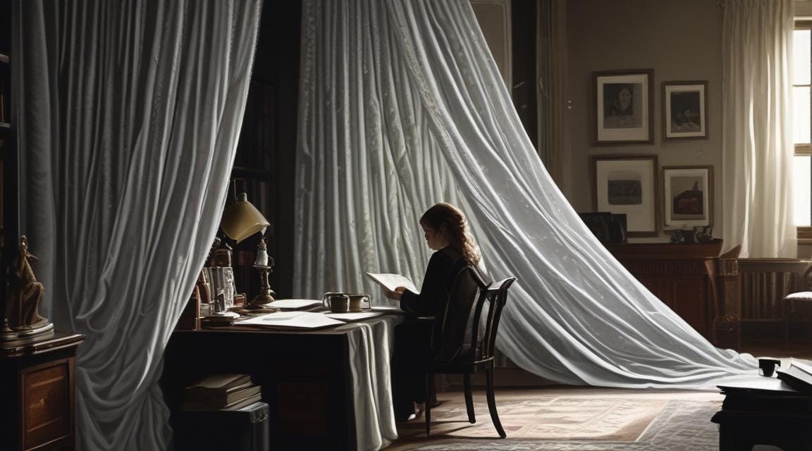 a woman writing at a desk with floor to ceiling silvery curtains