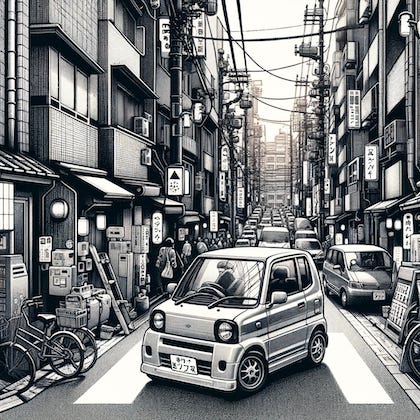 DALL·E 2024-01-19 20.54.14 - An image of a Kei car navigating through a cramped street in Tokyo, depicted in a graphic style similar to a New York Times newspaper print. The scene.png