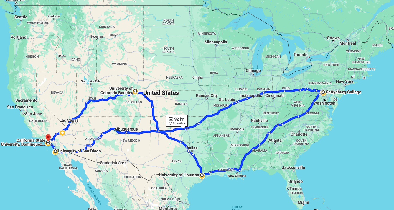 screen cap of google maps route from California to Colorado to Texas to Pennsylvania to San Diego to Los Angeles