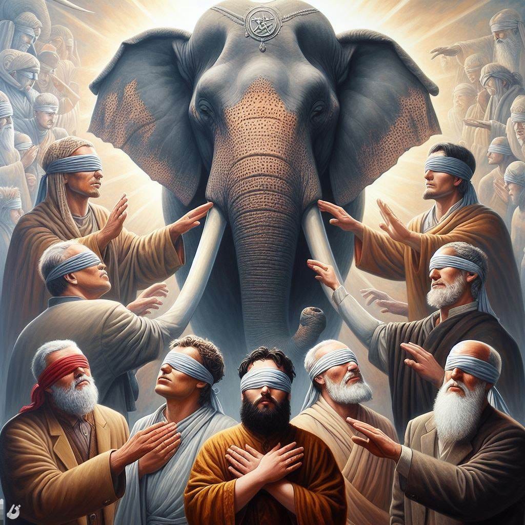six blind men and one big elephant religious art