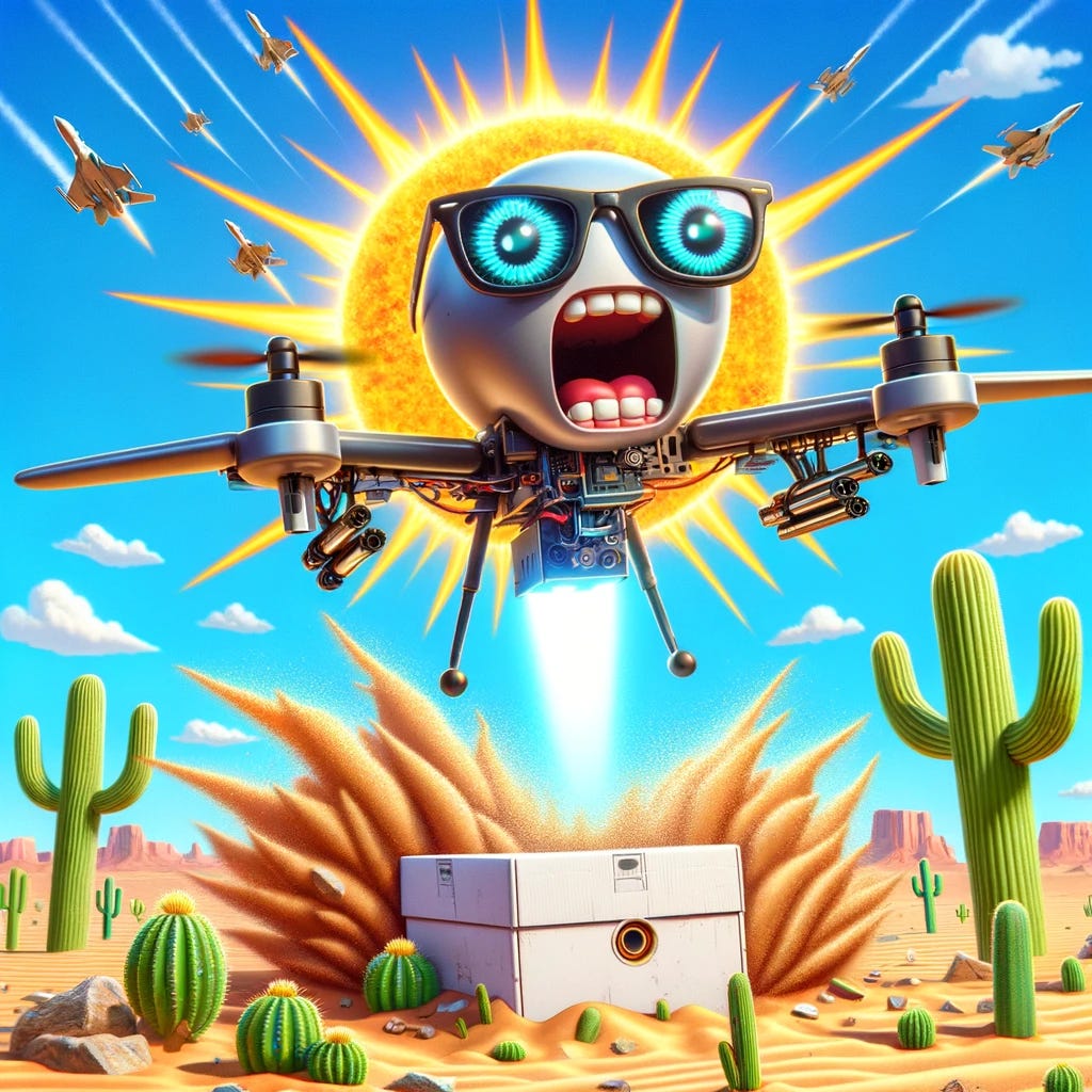 A comical and satirical image of an AI-powered weapons drone with exaggerated features, like cartoonish eyes and a mockingly large propeller, blasting off from an absurdly small white box in the middle of a cartoon-style desert. The desert is sparse and features a few oversized cacti and sand dunes, under a bright blue sky with a scorching sun wearing sunglasses. The scene is exaggerated and humorous, highlighting the absurdity of the situation.