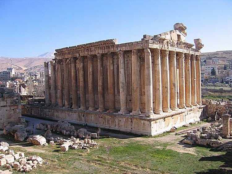 The Temple of Bacchus, <a href="https://whc.unesco.org/en/list/294/" target="_new">a UNESCO World Heritage Site,</a> is part of Lebanon's Baalbeck archaeological site. One of the best preserved and grandest Roman temple ruins, it dates back to the second century. It seems appropriate to have this homage to the ancient Greek god of wine and growing things looming over the vineyards in Lebanon's Beqaa Valley. 