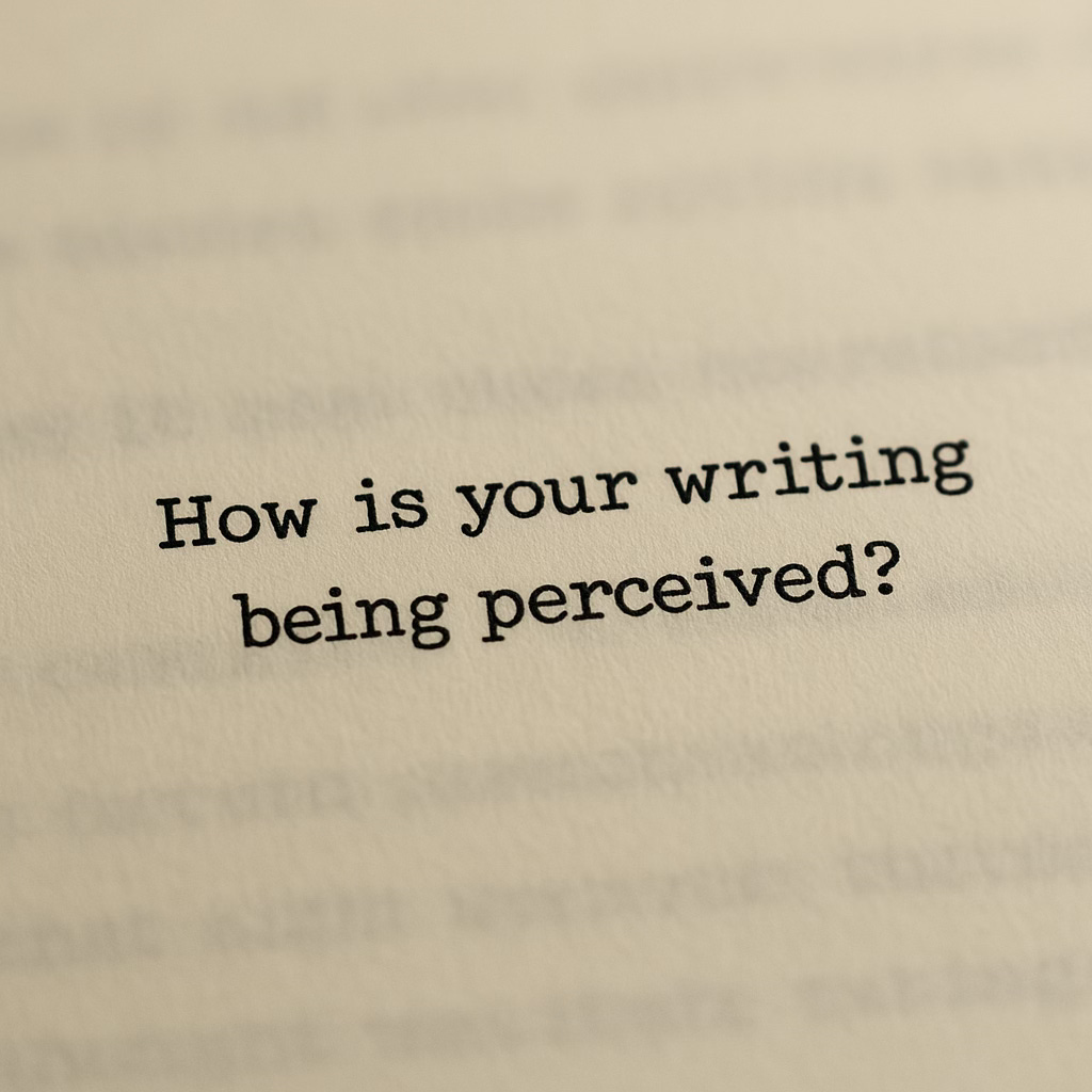 A close-up of a cream-colored page with the typed sentence “How is your writing being perceived?” centered clearly in focus, with surrounding text softly blurred.