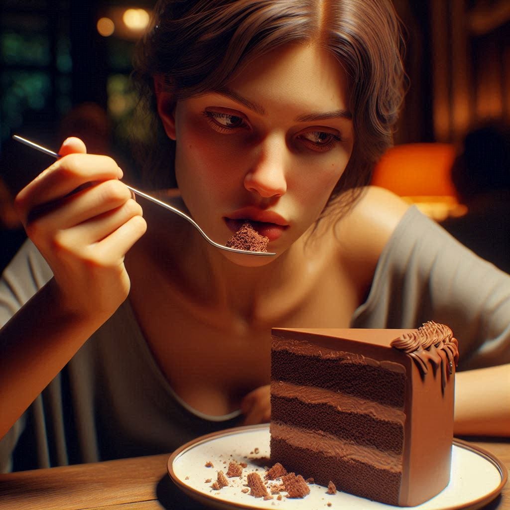 A hyper-realistic depiction of a person eating a chocolate cake, but with a feeling of guilt. The scene captures the emotional conflict, with subtle expressions and body language conveying the guilt. The setting is intimate, with warm lighting and a focus on the person and the cake, emphasizing the contrast between indulgence and remorse.