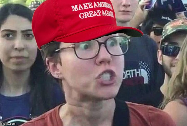 Person with wide eyes, open mouth, often used in meme to indicate an "unhinged liberal" but wearing a red MAGA hat