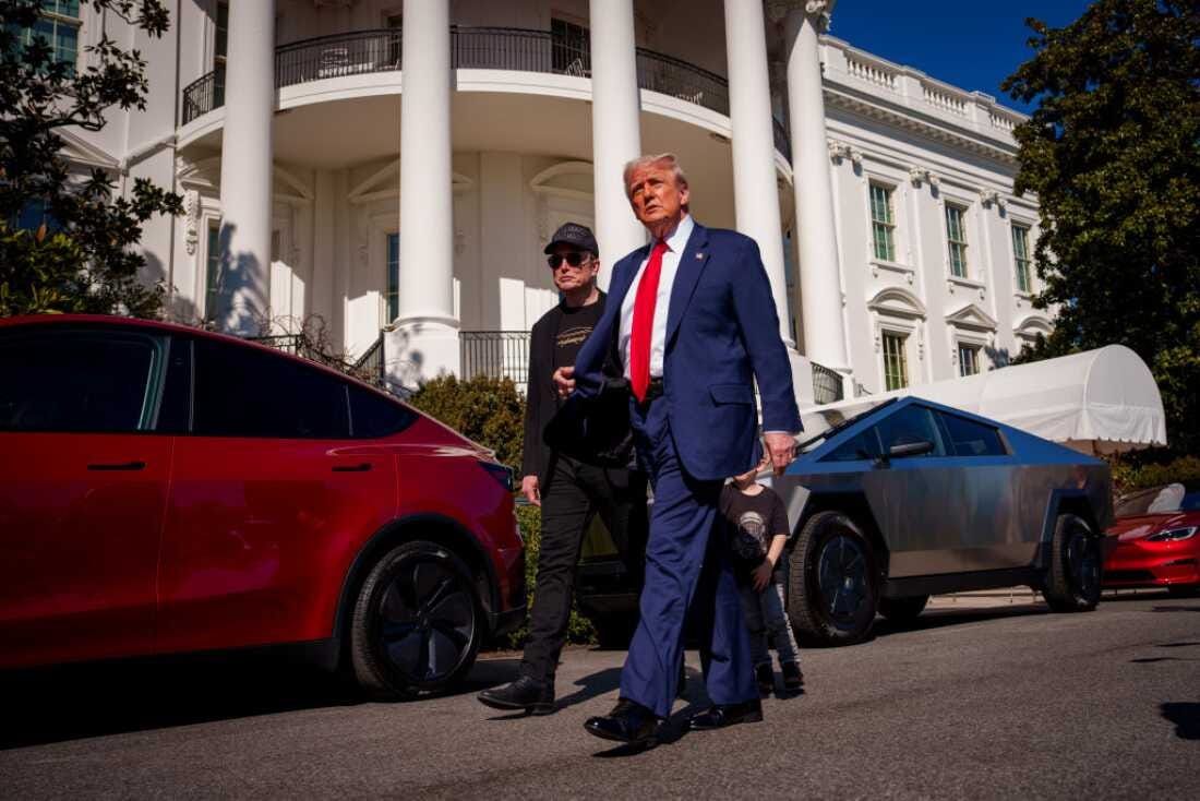 President Trump and White House senior adviser, Tesla and SpaceX CEO Elon Musk depart after looking at Tesla vehicles on the South Lawn of the White House on Tuesday. President Trump and White House senior adviser, Tesla and SpaceX CEO Elon Musk depart after looking at Tesla vehicles on the South Lawn of the White House on Tuesday.