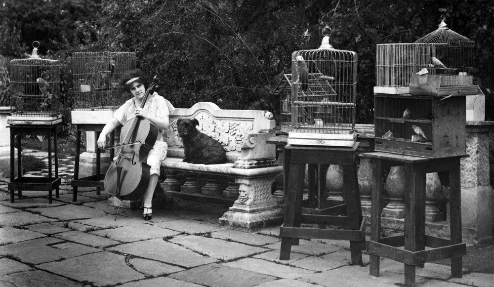 Beatrice Harrison plays cello in a garden, surrounded by caged birds and a dog sat next to her