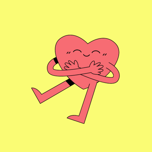 A picture of a pink heart with its legs spread out and its arms wrapped around hugging itself. Graphic from canva.