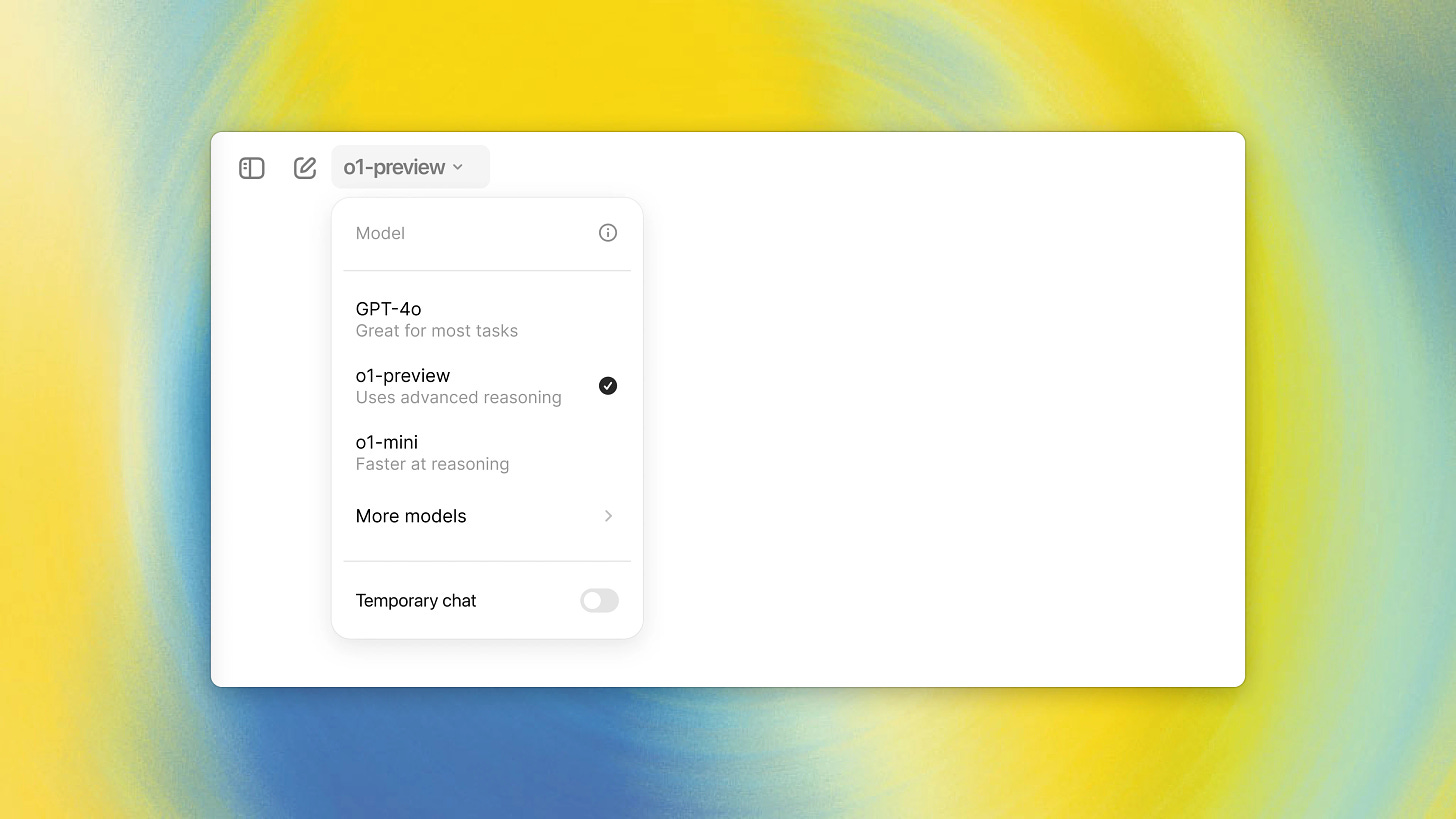 An image of the new ChatGPT dropdown that displays the new "o1-preview" model option over a bright yellow and blue abstract background