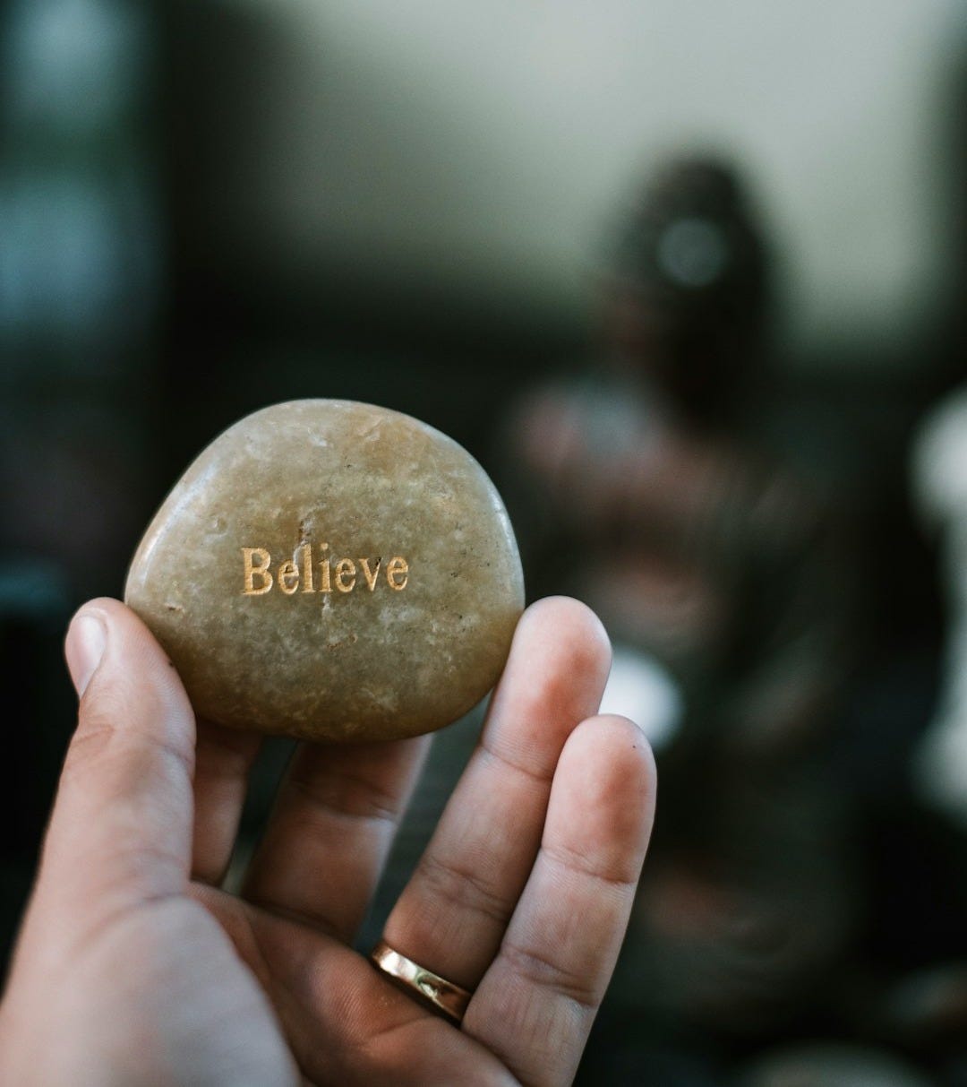 person holding brown stone with believe print