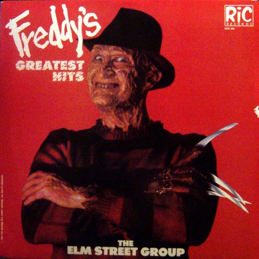 The Elm Street Group's 1987 release Freddy's Greatest Hits complete with a happy, smiling Freddy Krueger!