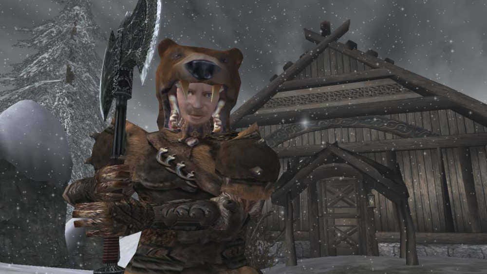 A warrior in Morrowind wielding an axe and dressed in a bear-skin helmet
