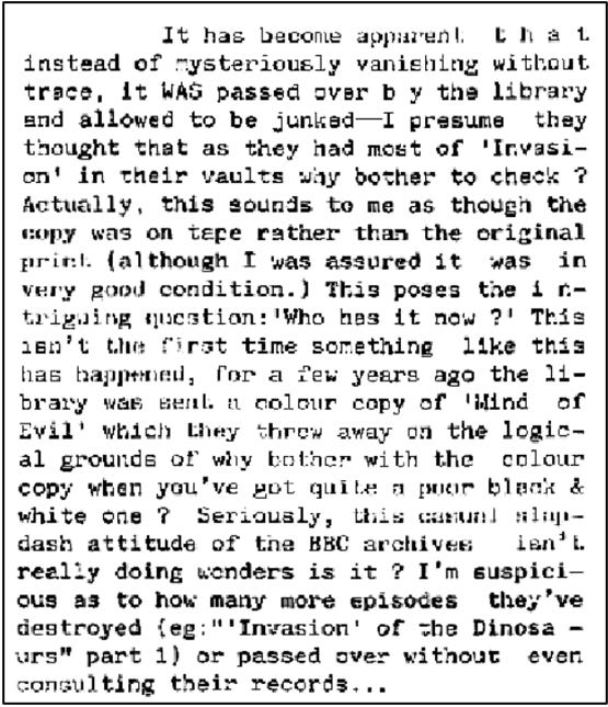 Fanzine cutting claiming that The Invasion episode four was sent back to the BBC from Zimbabwe recently but was then junked. Also the same fate allegedly befell a returned a colour copy of The Mind of Evil.