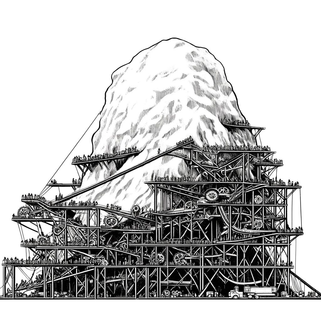 A black and white line drawing of a large glacier being held up by a Rube Goldberg-like collection of braces, supports, and berms. The illustration is simple and clear, showing a variety of intricate yet easily understood mechanisms working together to support the glacier.