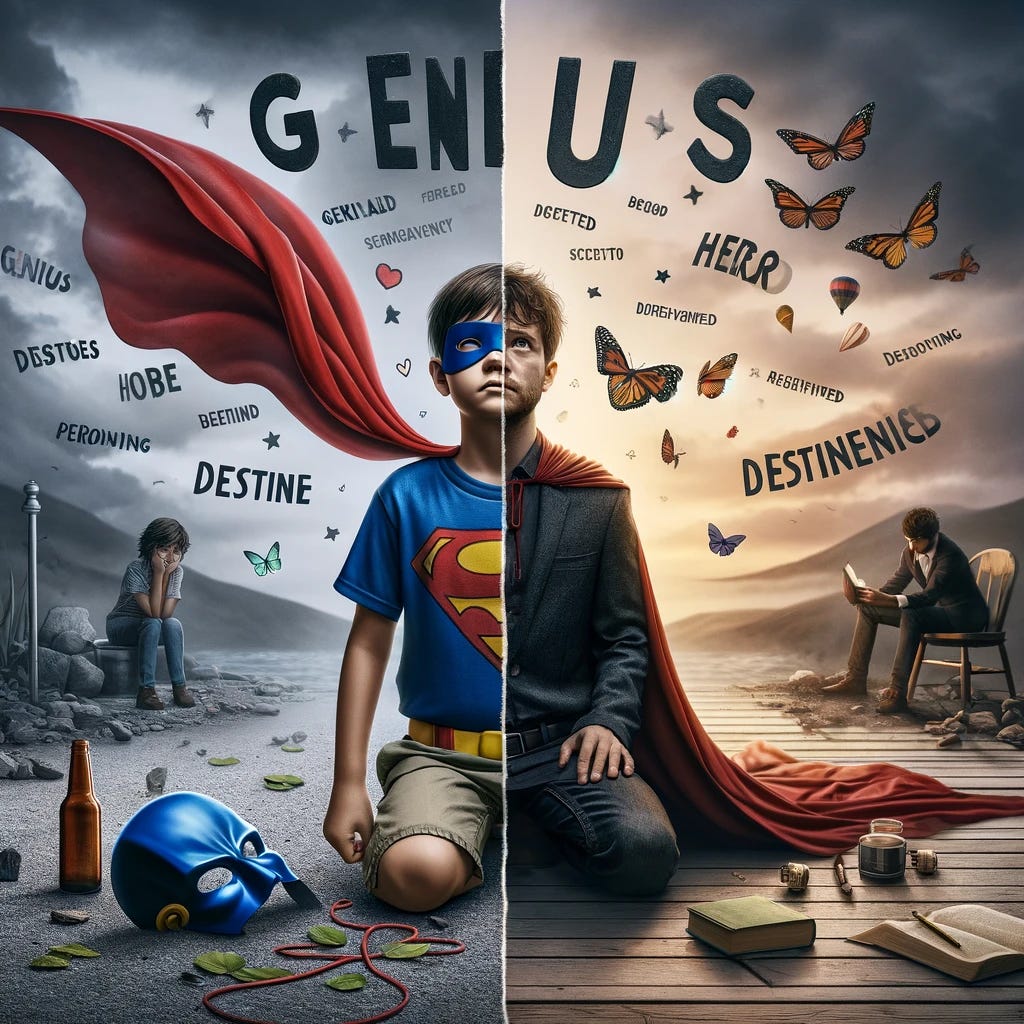 Visualize a powerful transformation story, depicted through a split image. On one side, show a young boy dressed as a superhero, standing confidently with a cape and mask, surrounded by words like 'GENIUS', 'DESTINED', and 'HERO' in bold, floating letters, embodying the immense expectations and identity of being a precocious, intelligent child destined for greatness. The other side contrasts sharply, portraying the same person as an adult, shedding the superhero costume, sitting calmly with a book in a serene, natural setting, symbolizing a journey towards self-acceptance and the realization of personal worth beyond achievements. The transition between these two halves should subtly represent a path from turmoil to peace, with elements like a broken superhero mask on the ground, a bottle symbolizing the struggle with drinking, and eventually, a sober token or a peaceful symbol like a butterfly or a blooming flower, indicating recovery and a new beginning. The background should gradually change from a chaotic, stormy sky on the superhero side to a clear, sunny sky on the natural side, reflecting the internal shift from pressure to liberation.