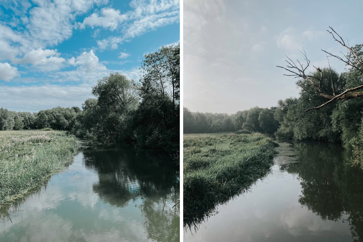 Two views of a river, one with scattered clouds, the other with hazy sunshine