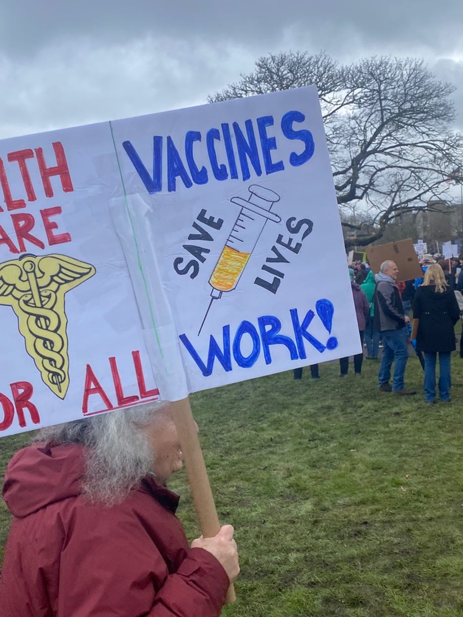 Olympia rally goer shows support for vaccines - because the billion$ spent on government propaganda and manufacturer TV promotions just aren’t enough.