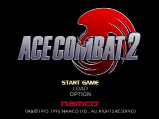 A screenshot of the title screen for Ace Combat 2, which has the game's logo and name over a black background, as well as the Namco red-letter logo on the bottom.