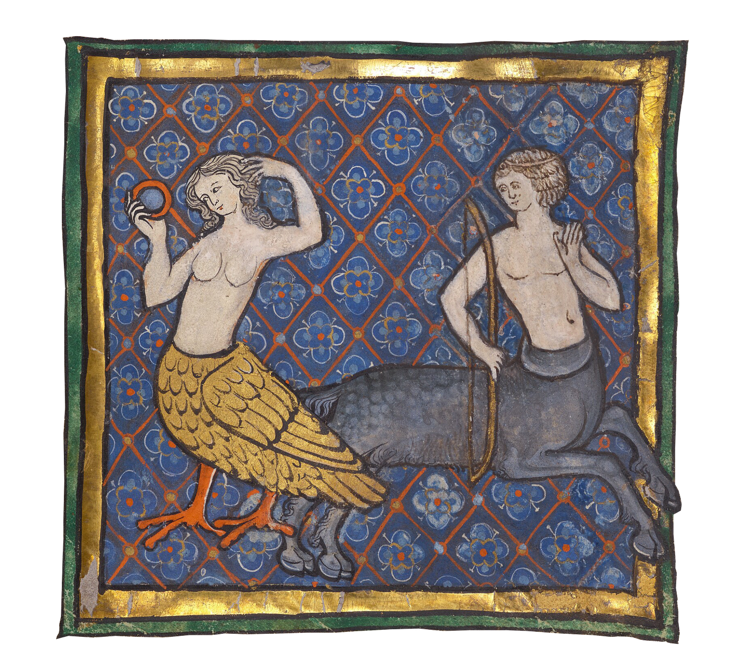 An illuminated manuscript showing a Siren and a Centaur.