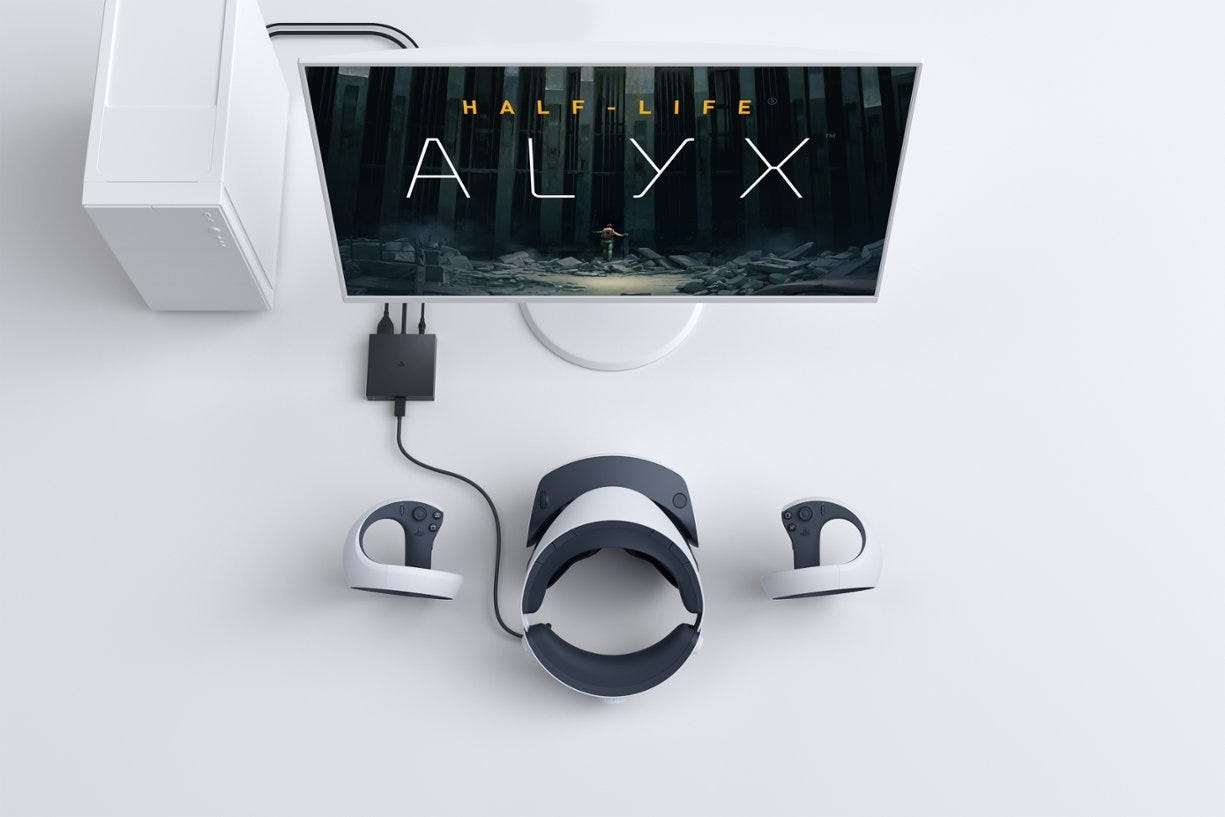 PSVR 2 PC adapter and headset are used to play Half-Life Alyx on a desktop PC