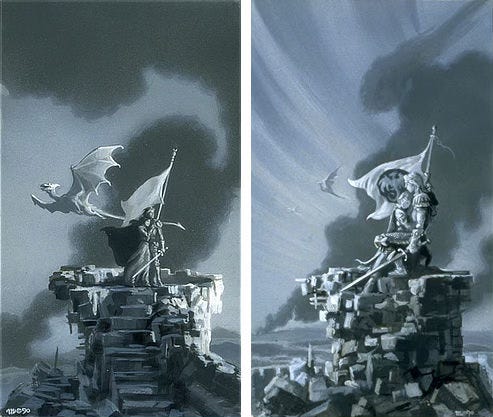 A pair of alternate concepts for DRAGON LORD featuring a woman clinging to a man in armor at the top of a ruined tower. A flag blows in the wind as a dragon soars by.