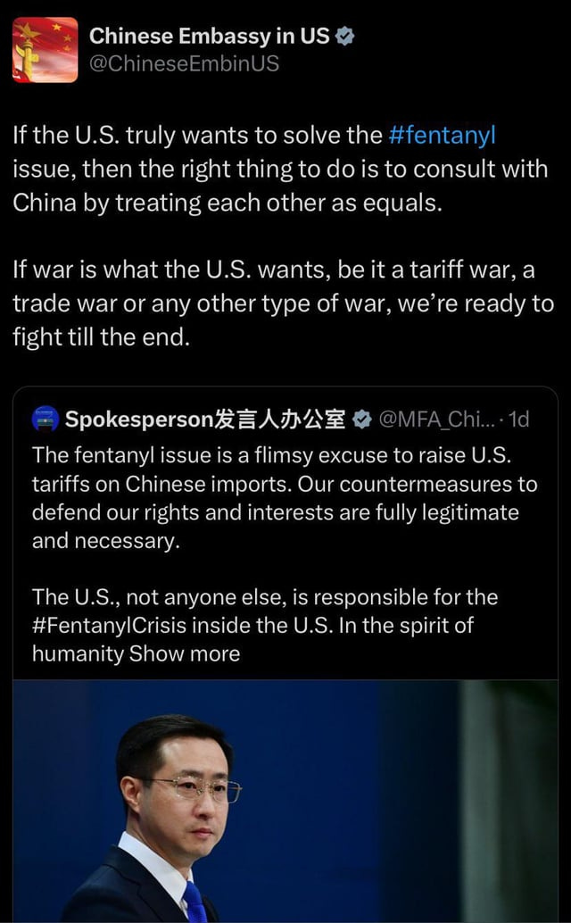 China Embassy to US: “If war is what the US wants…. We're ready to fight  till the end. : r/TheDeprogram