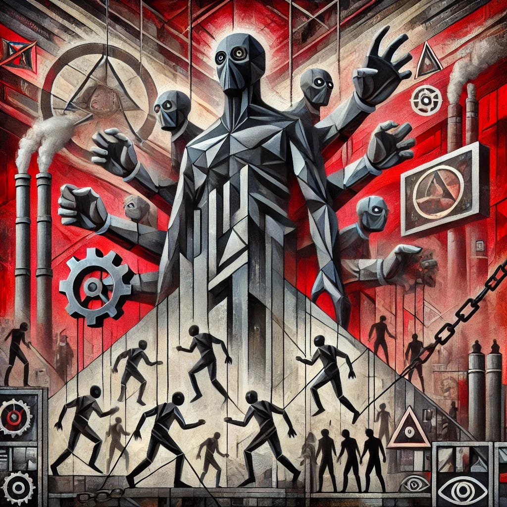 An abstract representation of authoritarianism and control. The artwork features towering, dark figures with mechanical, faceless masks, looming over smaller figures that appear trapped by a web of interconnected chains and wires. Propaganda-like symbols and images are scattered in the background, while the smaller figures struggle to break free. The color palette emphasizes contrasts of dark reds, greys, and blacks, with a few bright elements symbolizing resistance and hope, creating a dramatic tension between control and defiance.