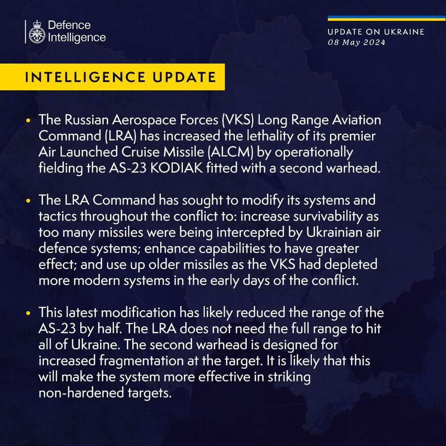 The Russian Aerospace Forces (VKS) Long Range Aviation Command (LRA) has increased the lethality of its premier Air Launched Cruise Missile (ALCM) by operationally fielding the AS-23 KODIAK fitted with a second warhead.

The LRA Command has sought to modify its systems and tactics throughout the conflict to: increase survivability as too many missiles were being intercepted by Ukrainian air defence systems; enhance capabilities to have greater effect; and use up older missiles as the VKS had depleted more modern systems in the early days of the conflict. 

This latest modification has likely reduced the range of the AS-23 by half. The LRA does not need the full range to hit all of Ukraine. The second warhead is designed for increased fragmentation at the target. It is likely that this will make the system more effective in striking non-hardened targets.