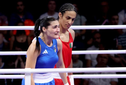 Angela Carini lost in her Olympics bout to Imane Khelif after leaving the fight — less than a minute in. YAHYA ARHAB/EPA-EFE/Shutterstock