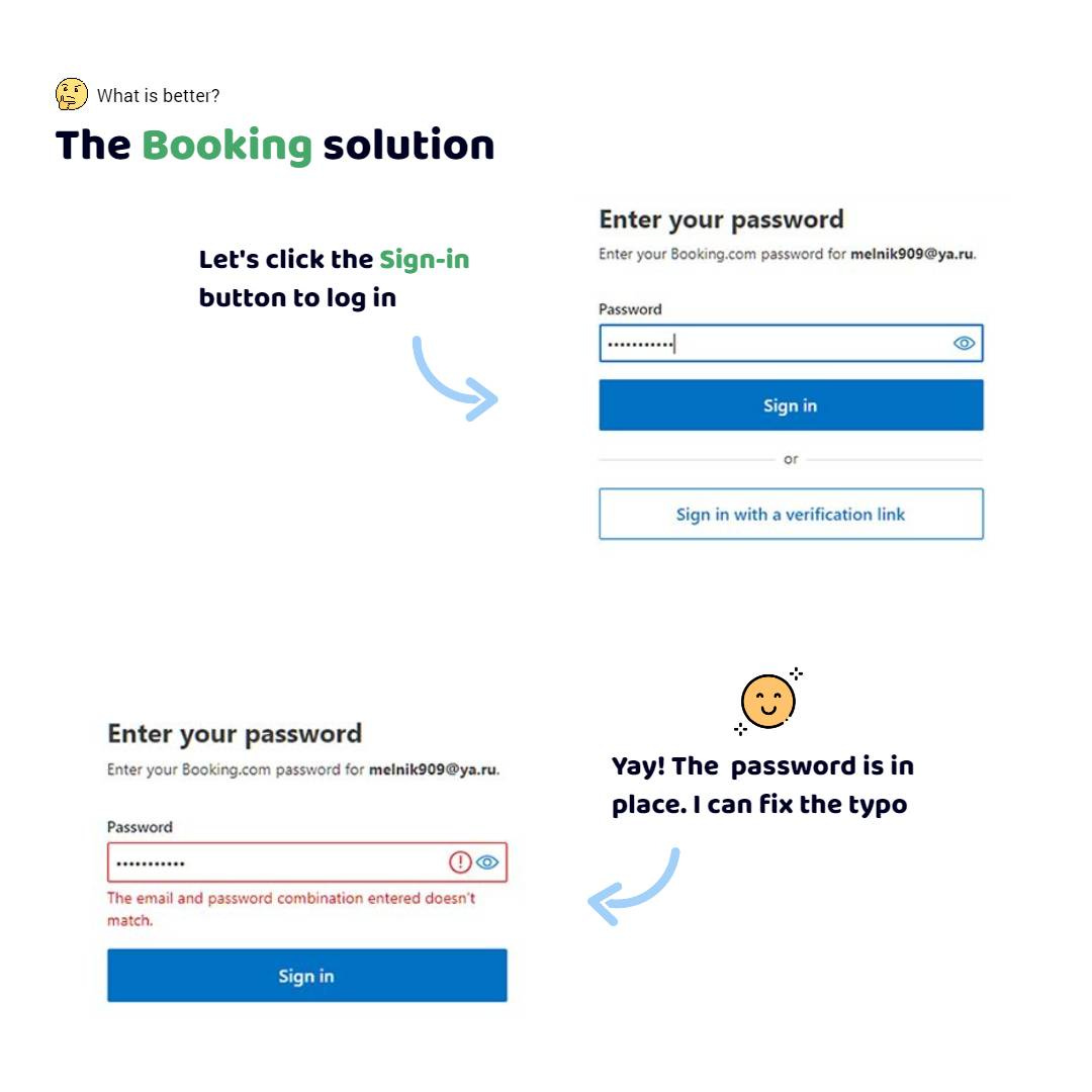 The Booking app. I typed the login and password. I press Enter. I see the message The wrong password. Also the app shows me the typed password. I can fix it!